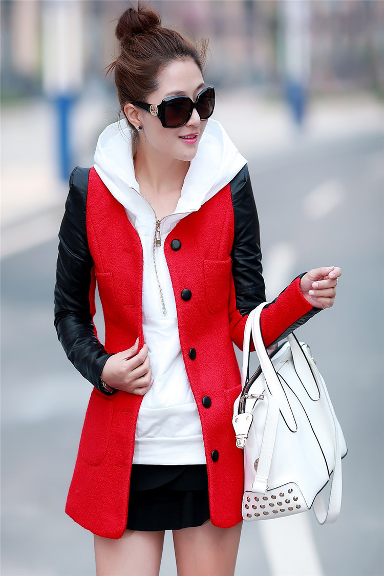 2015 winter Korean Slim washed leather stitching woolen coat 