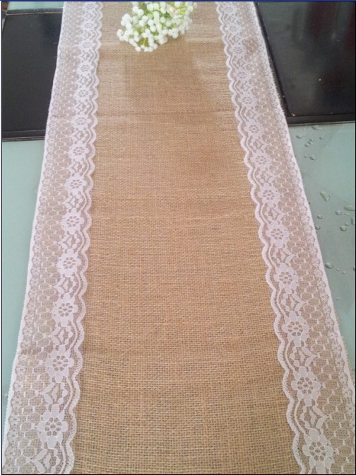 Burlap table runner, Burlap placemat, Burlap utensil holder with lace in both ends